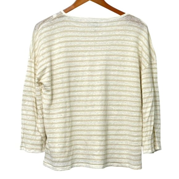 J.Crew 100% Linen Tee Top Tan White Striped Boxy Relaxed 3/4 Sleeve Slub Size M - Picture 4 of 8